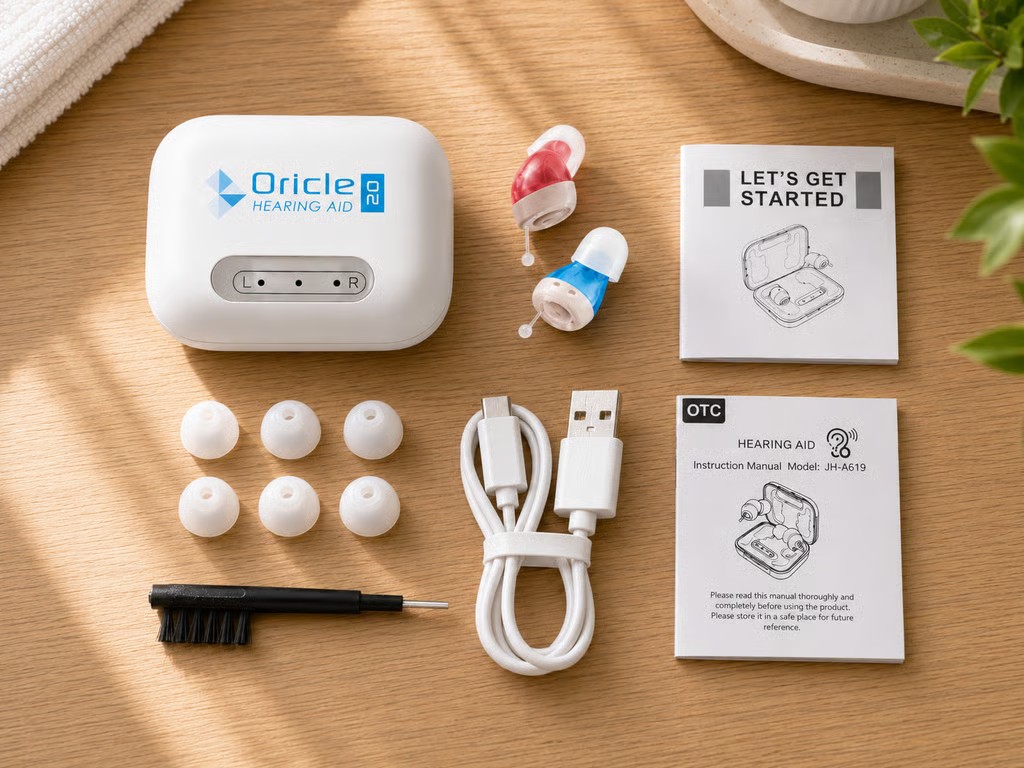 Oricle hearing support device with charging case